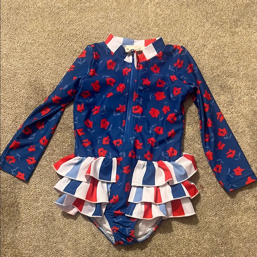 Blue and Red Long Sleeve Rashguard with Ruffles